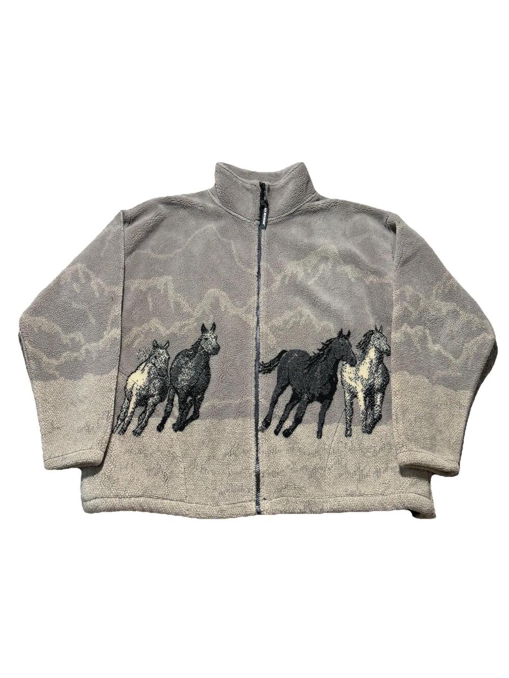Vintage Black Mountain Fleece Wild Horses All Over Print Zip Jacket Size Large